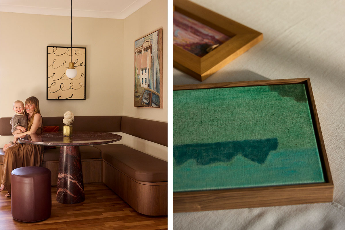 Family living in a small apartment, from the timber and marble dining nook to framed artwork details.
