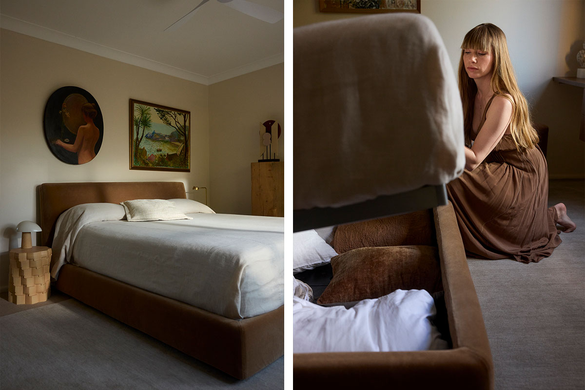 A neatly made bed in a small apartment bedroom, styled for calm, functional family living.