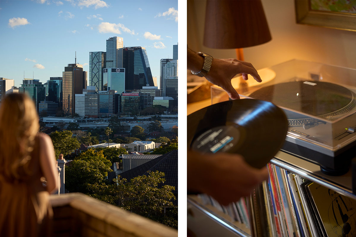 City skyline view from a Sydney harbourside apartment living, and a vintage vinyl collection at home.